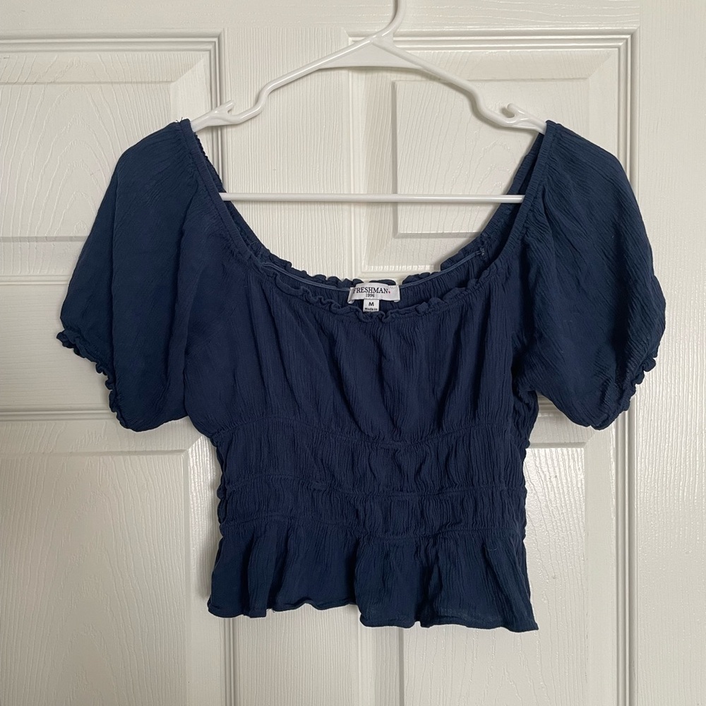 Freshman Navy Blue Smocked Cropped Top Blouse size Medium